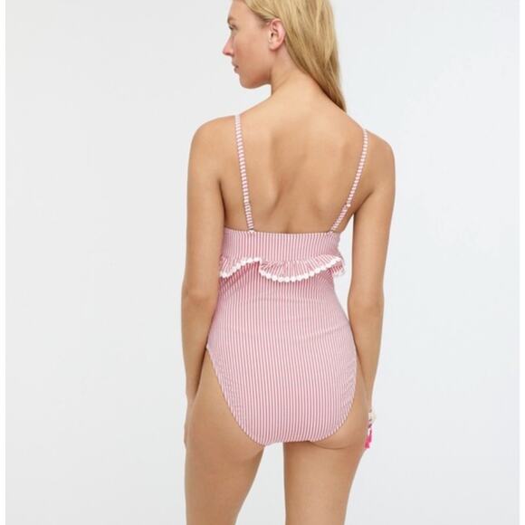 J. Crew Ruffle One Piece Swimsuit Seersucker Red Pink White Stripe 2 XS - Picture 3 of 15